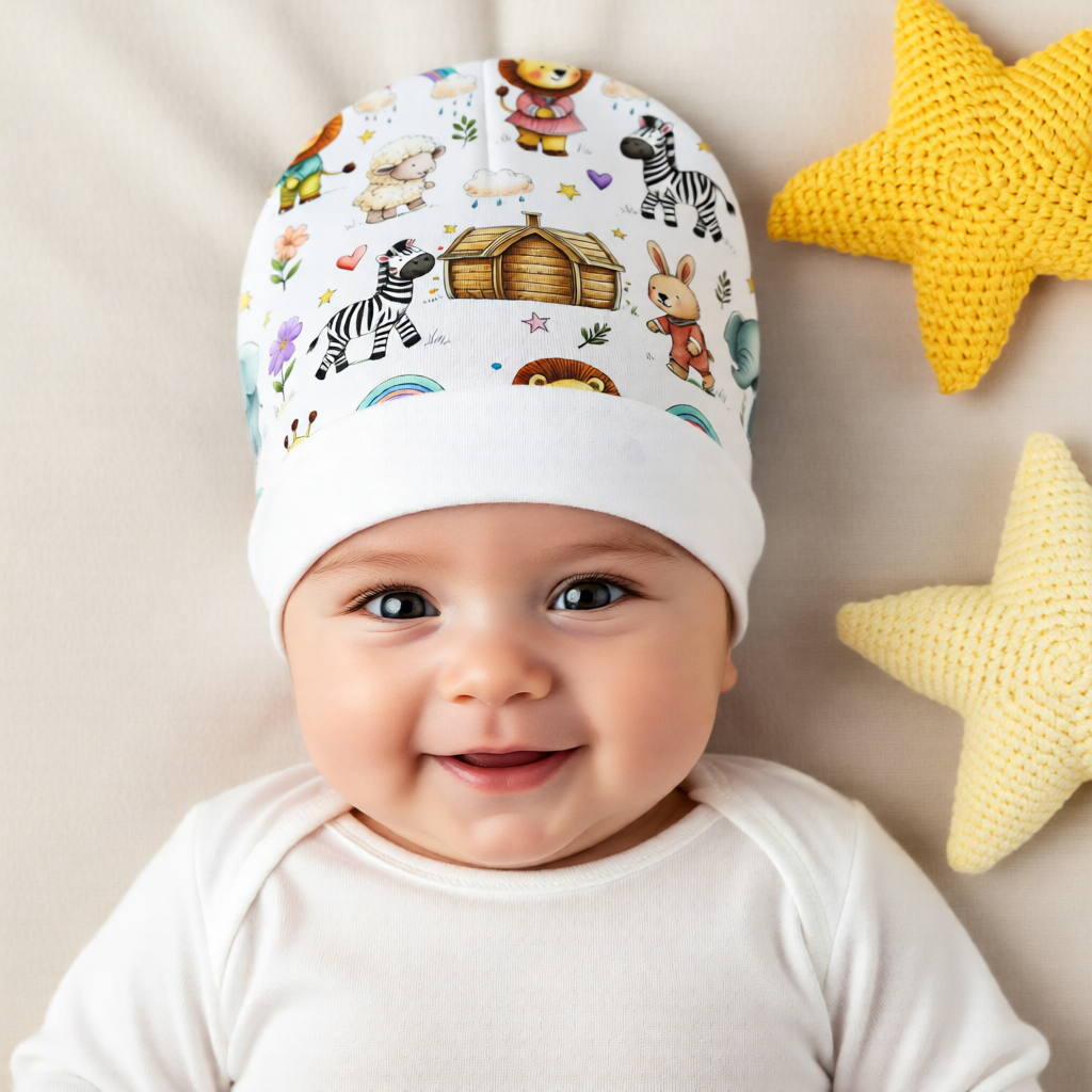 Baby Beanie — Hand-Drawn Safari Animals Newborn Hat