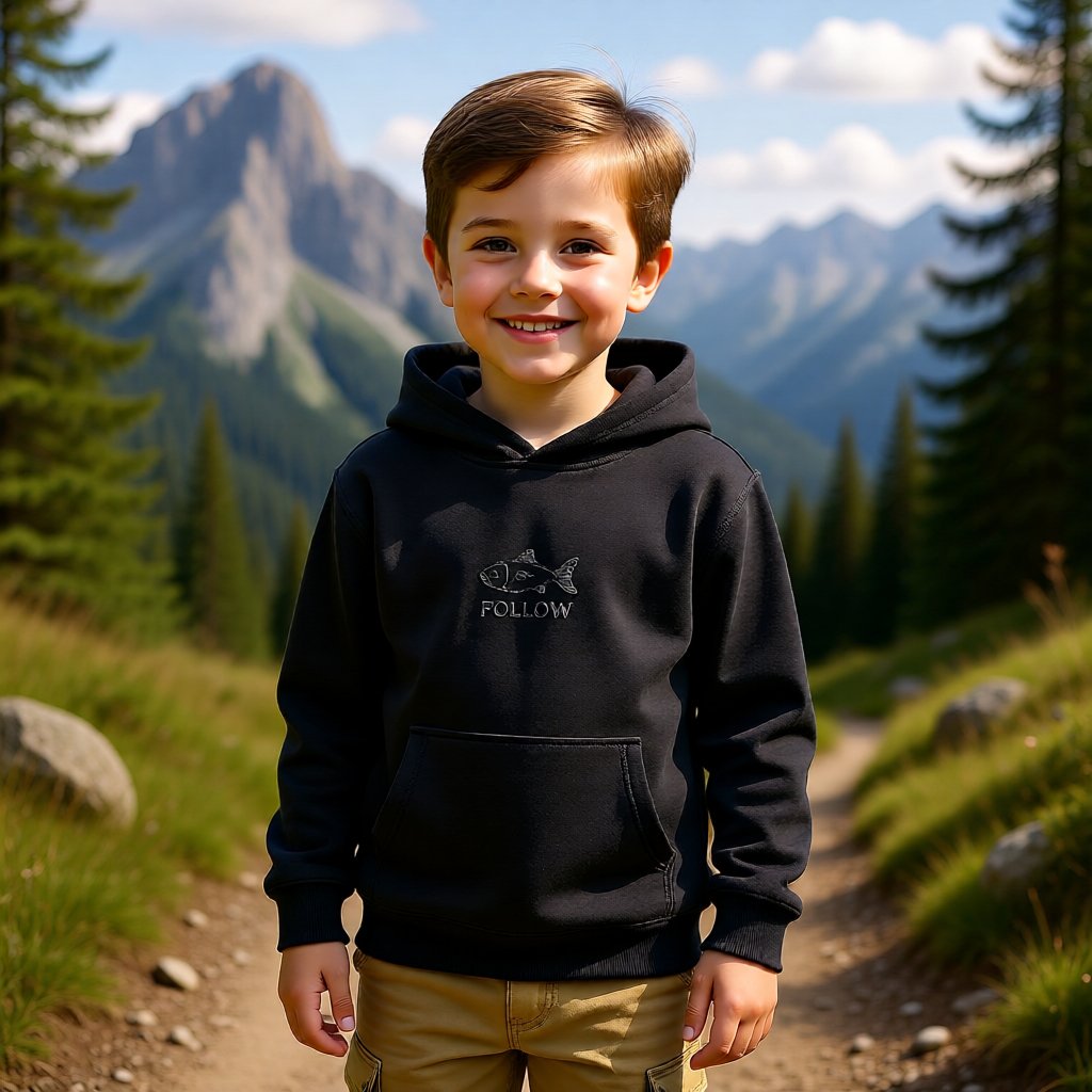 Kids Embroidered 'FOLLOW' Fish Fleece Hoodie