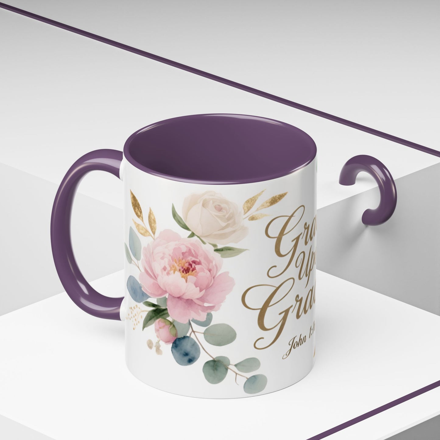Grace Upon Grace Floral Coffee Mug — John 1:16 Scripture Accent Mug