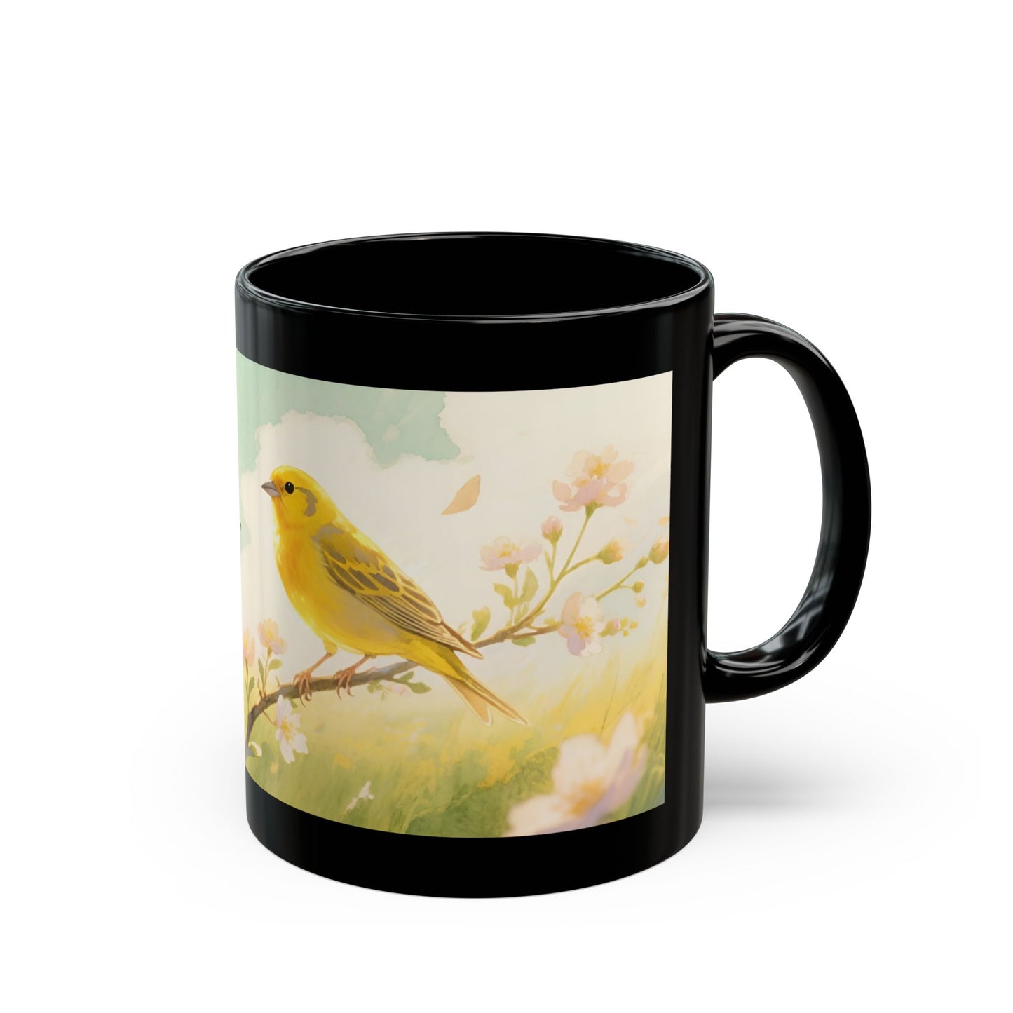Yellow Songbird on Branch Mug | Black Coffee Cup with Floral Illustration
