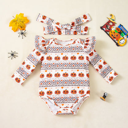 Baby Bodysuit Cartoon Pumpkin Long Sleeve Onesie with Accessories 2-Piece Set Baby Crawling Suit Party Outfit