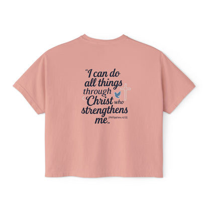 Christian Graphic Boxy Tee — "I Can Do All Things Through Christ" Inspirational Women’s T‑Shirt