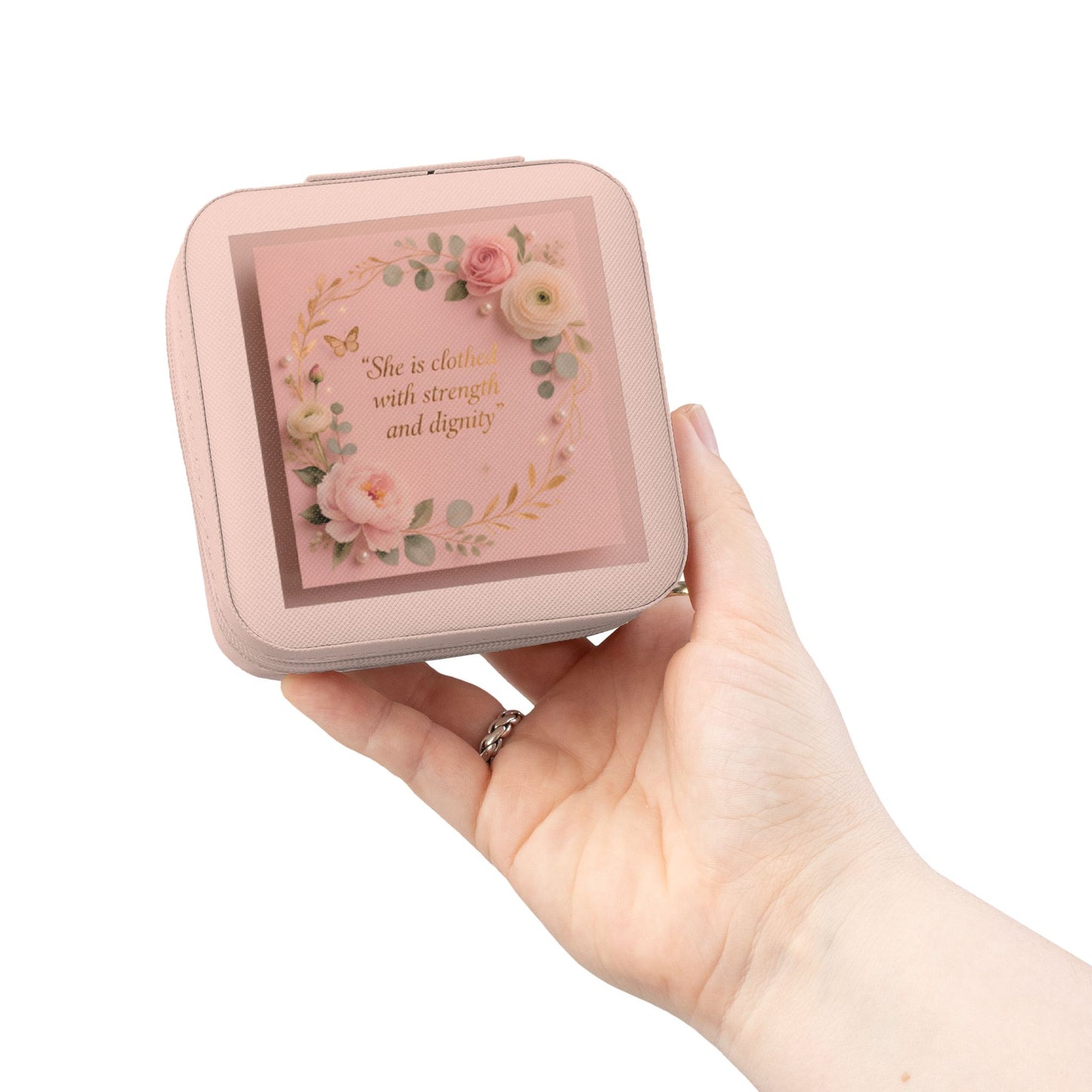 Pink Floral Jewelry Travel Case – Compact Organizer with Ring Rolls & Compartments (She is Strong with Courage and Dignity)