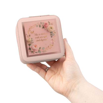 Pink Floral Jewelry Travel Case – Compact Organizer with Ring Rolls & Compartments (She is Strong with Courage and Dignity)