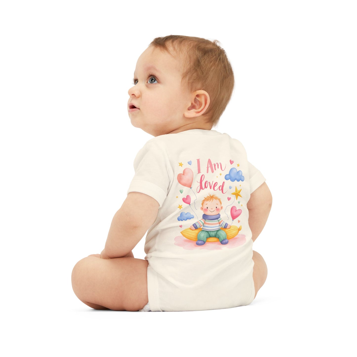 “I Am Loved” Baby Onesie – Cute Infant Bodysuit with Heart & Cloud Illustration