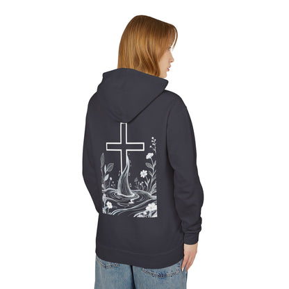 Lightweight Faith Hoodie — Subtle Cross & Stream Design