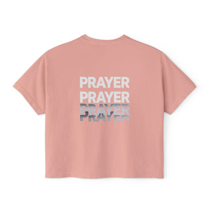 Prayer Boxy Tee — Women's Spiritual Graphic Top (Prayer Repeated Design)