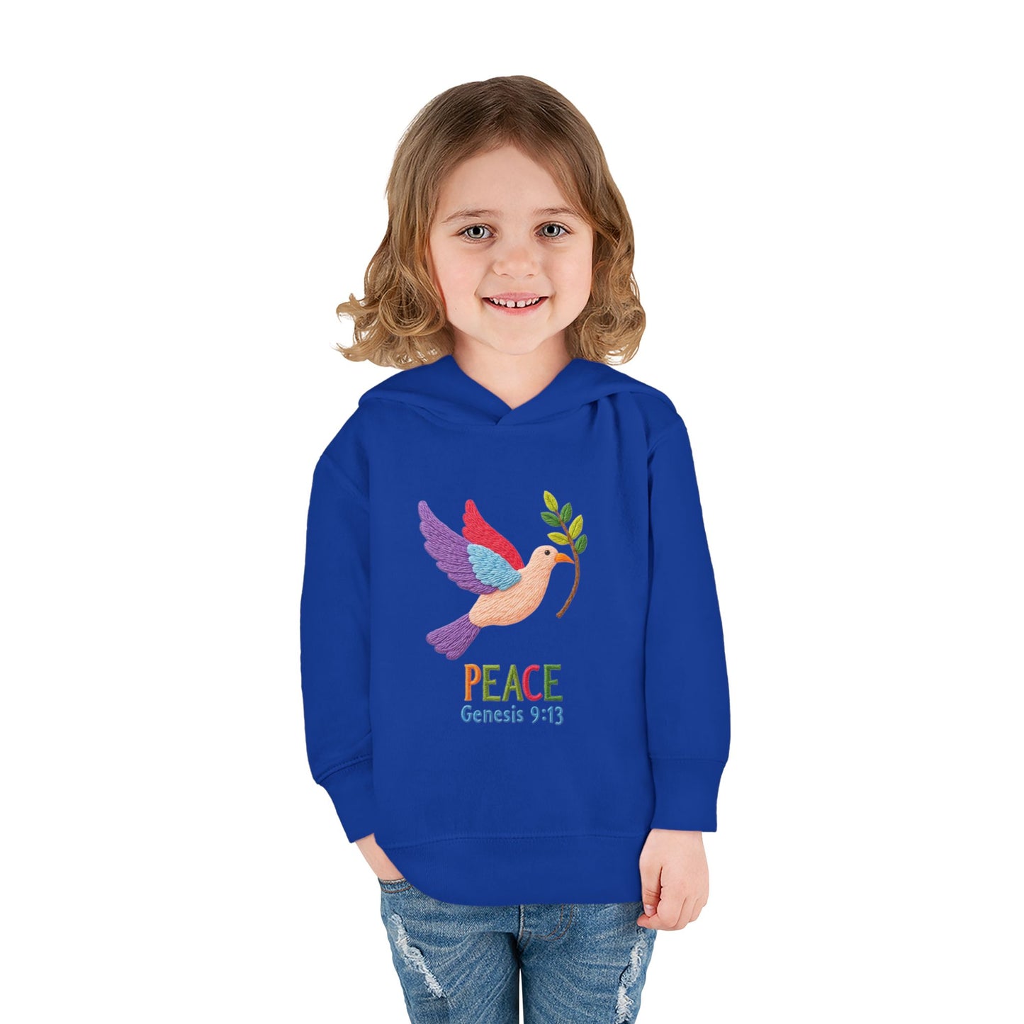 Toddler Hoodie — Colorful Peace Dove with Olive Branch & “PEACE Genesis 9:13”