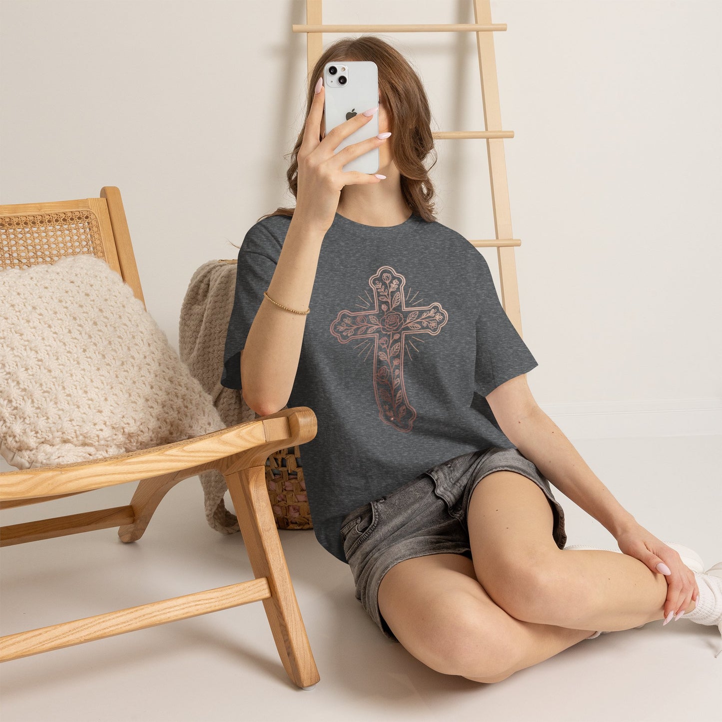 Floral Cross Tee – Delicate Pink Botanical Christian T-Shirt