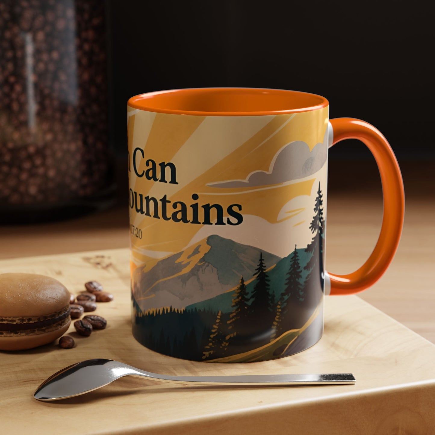 Faith Can Move Mountains Coffee Mug — Matthew 17:20 Inspirational Accent Mug