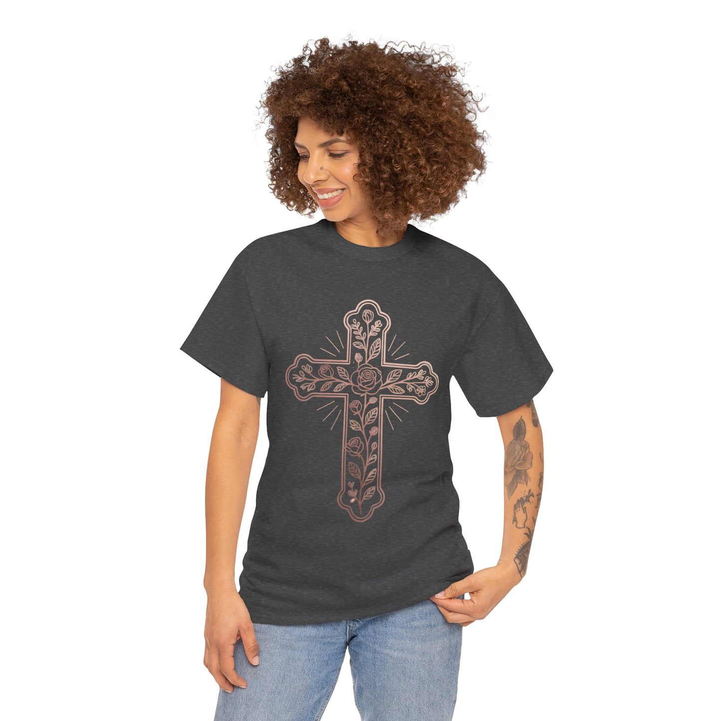 Floral Cross Tee – Delicate Pink Botanical Christian T-Shirt