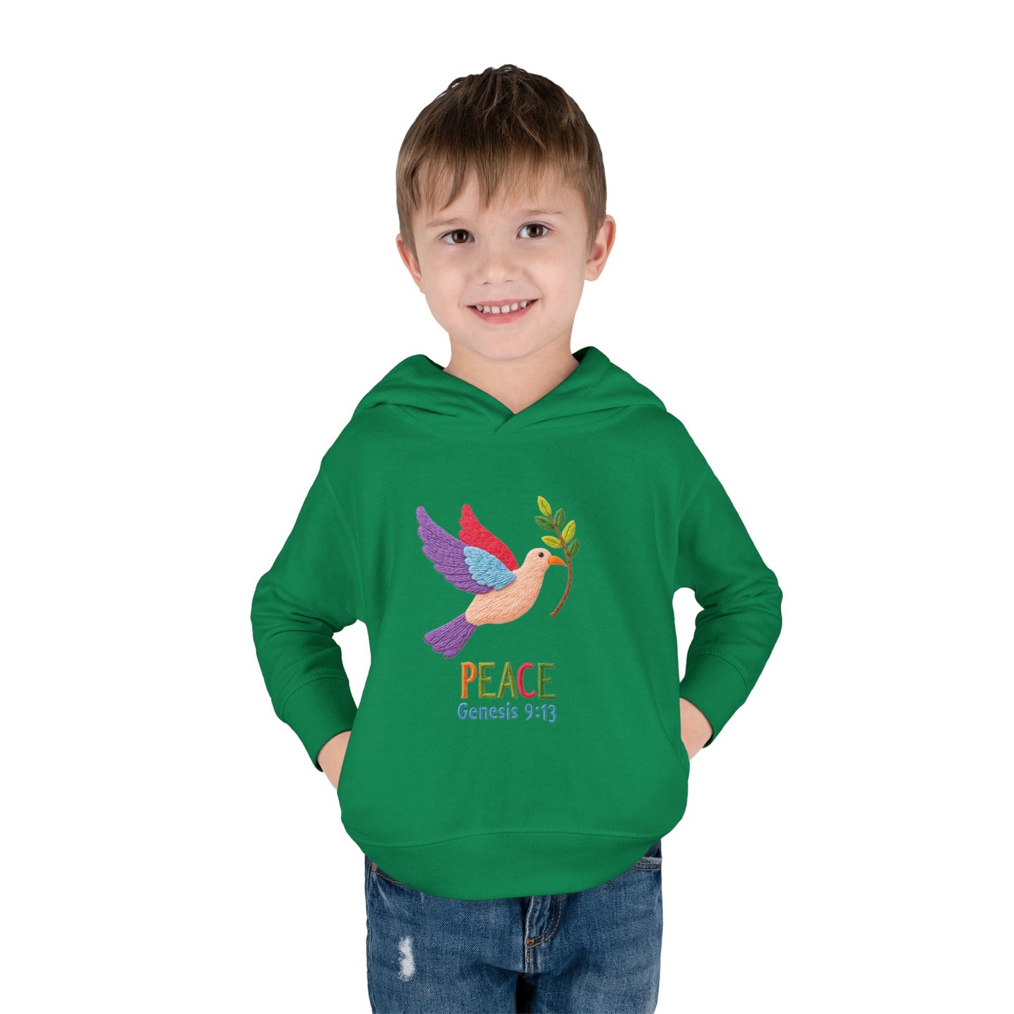 Toddler Hoodie — Colorful Peace Dove with Olive Branch & “PEACE Genesis 9:13”