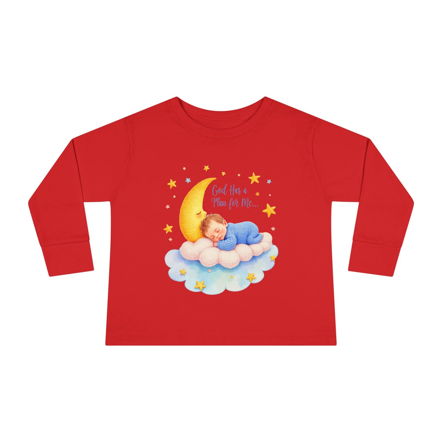 God Has a Plan for Me Toddler Long Sleeve Tee — Sleeping Baby on Moon Cloud