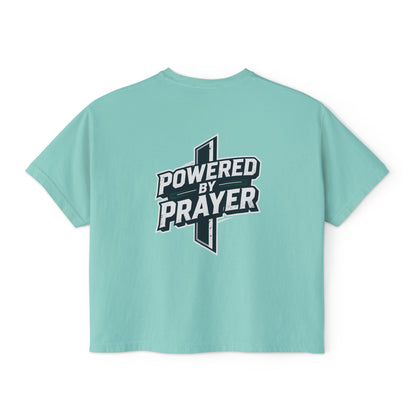 Powered by Prayer Boxy Tee — Women's Christian Graphic Shirt
