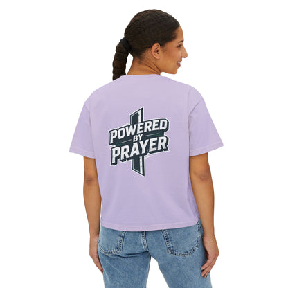 Powered by Prayer Boxy Tee — Women's Christian Graphic Shirt