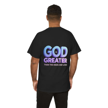 God Greater Gradient Tee — Soft Blue & Lilac Faith Shirt