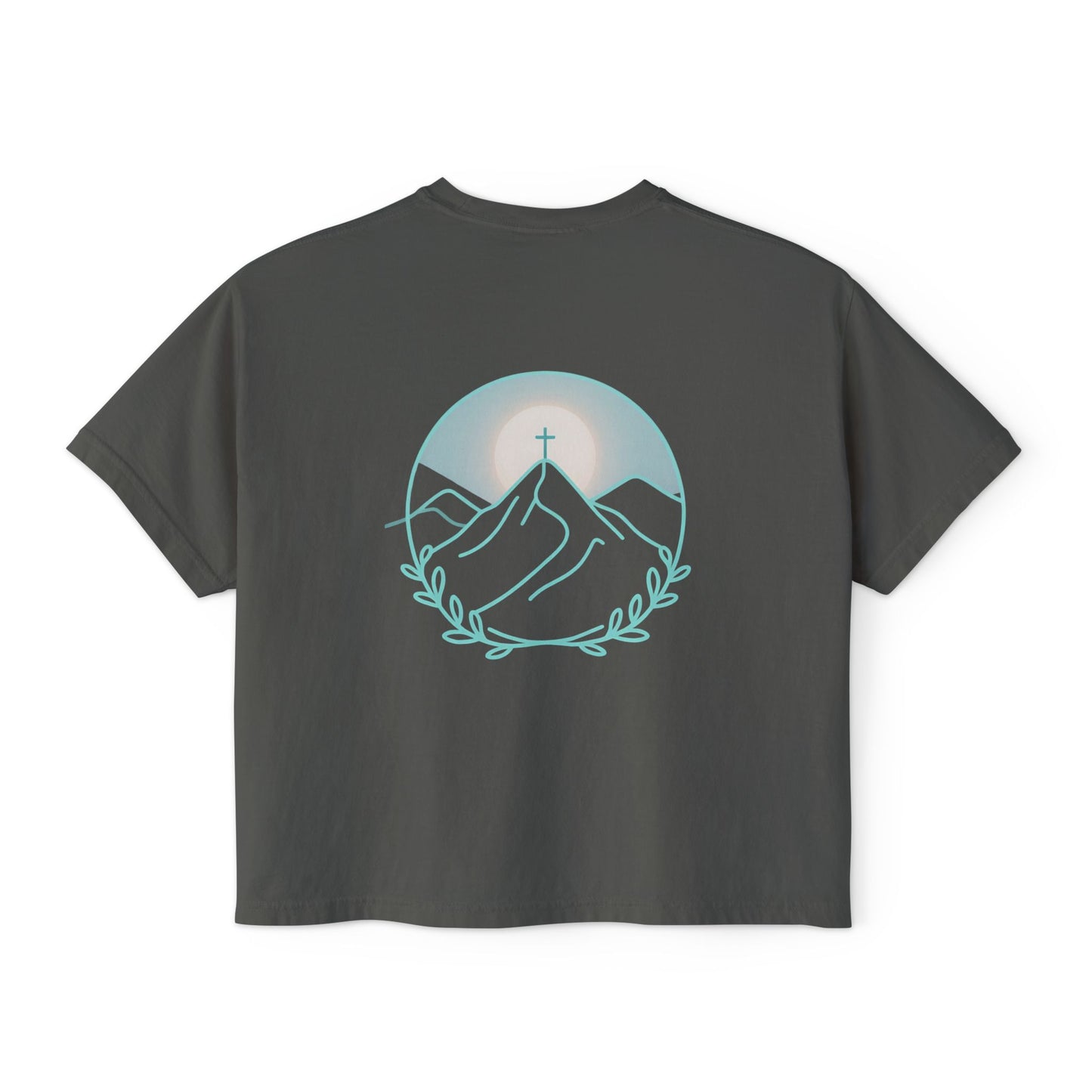 Women's Boxy Tee — Sunrise Mountain Line Art with Laurel (Calm, Faith-Inspired Vintage Tee)