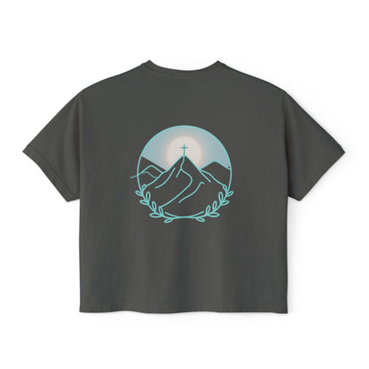 Women's Boxy Tee — Sunrise Mountain Line Art with Laurel (Calm, Faith-Inspired Vintage Tee)