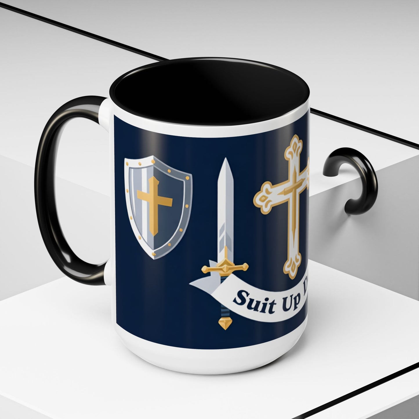 Christian Knight Coffee Mug — “Suit Up Daily” Accent Ceramic Mug