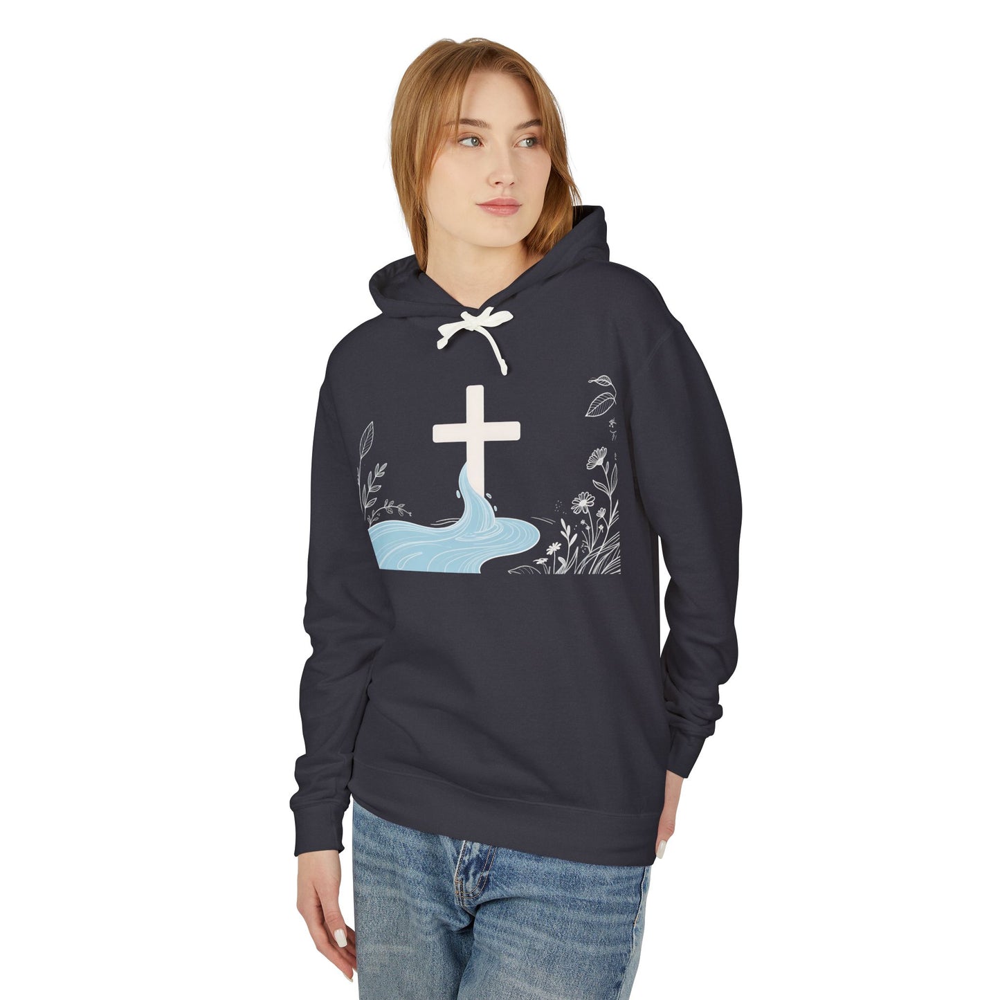 Lightweight Faith Hoodie — Subtle Cross & Stream Design