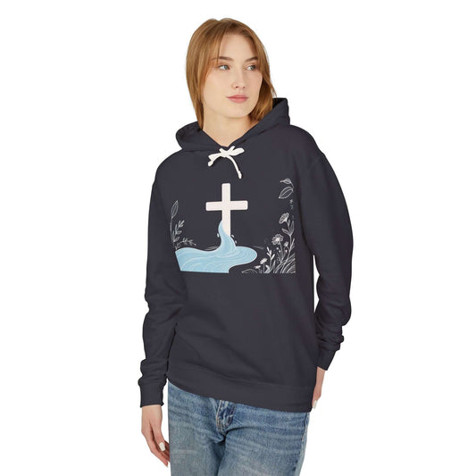 Lightweight Faith Hoodie — Subtle Cross & Stream Design