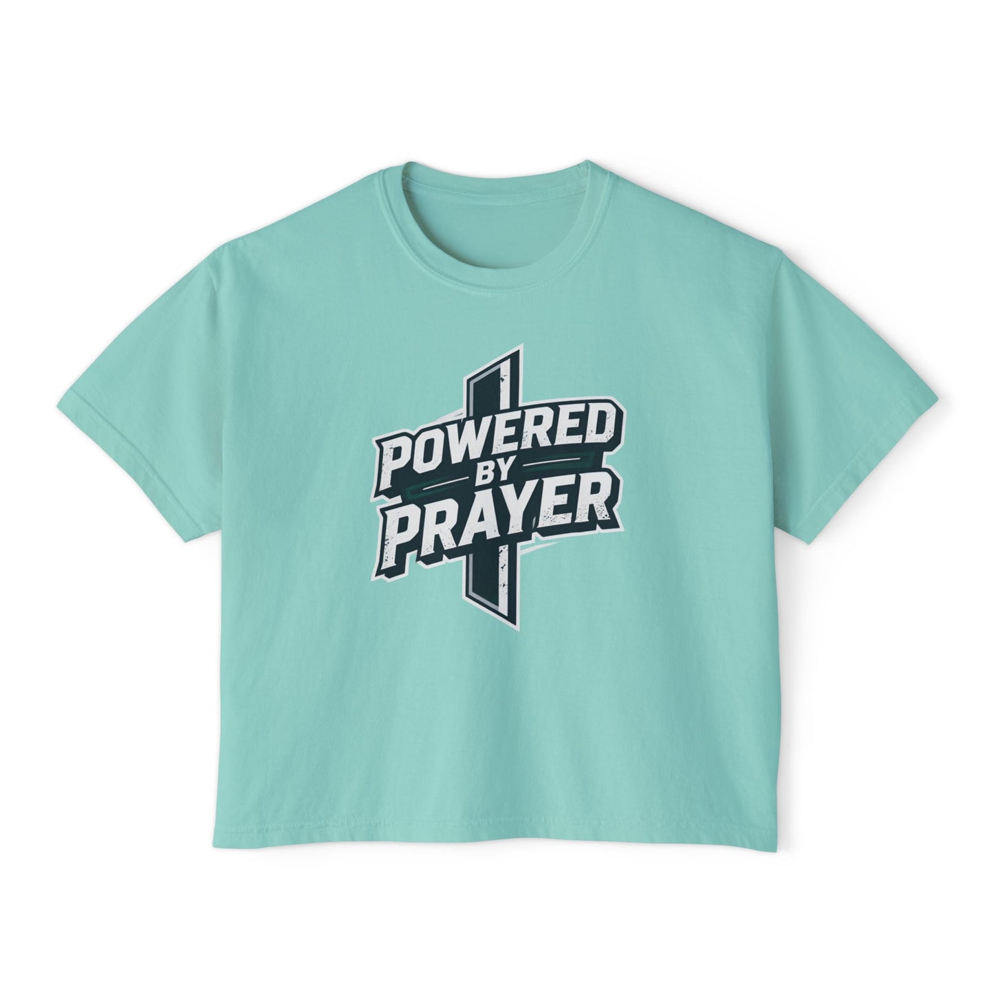 Powered by Prayer Boxy Tee — Women's Christian Graphic Shirt