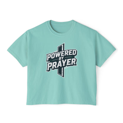 Powered by Prayer Boxy Tee — Women's Christian Graphic Shirt