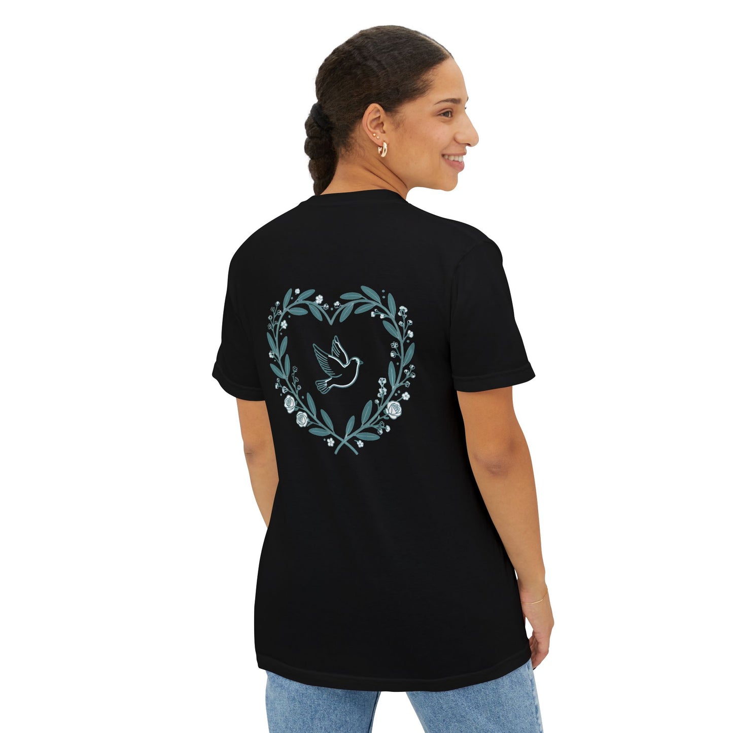 Pocket T-Shirt — Peace Dove Heart Back Graphic