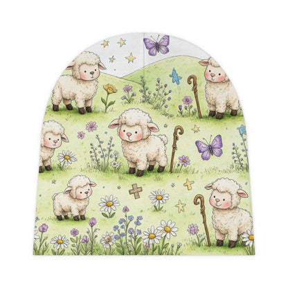 Newborn Baby Beanie — Watercolor Lambs & Butterflies Storybook Knit