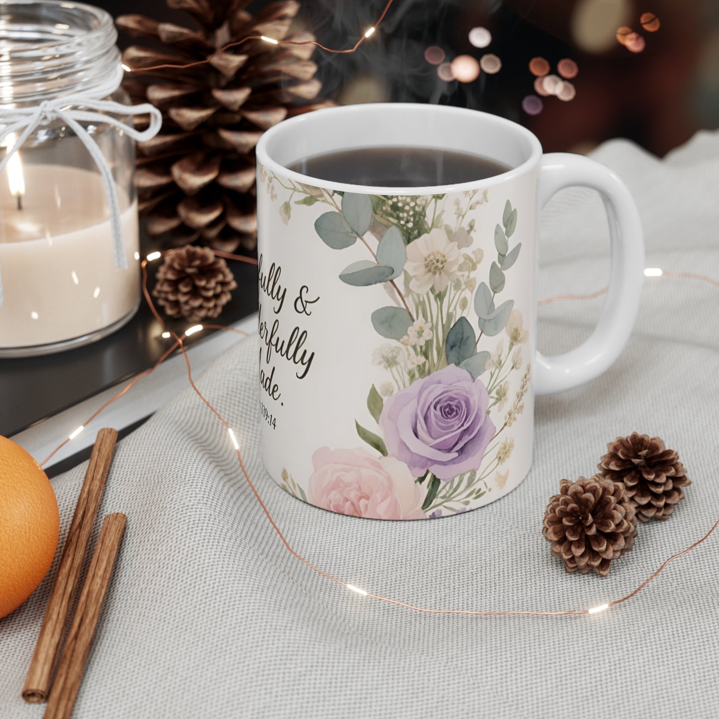 Fearfully & Wonderfully Made Mug — Psalm 139:14 Floral Ceramic Coffee Cup