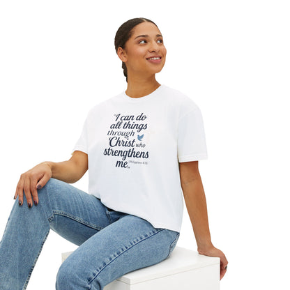 Christian Graphic Boxy Tee — "I Can Do All Things Through Christ" Inspirational Women’s T‑Shirt