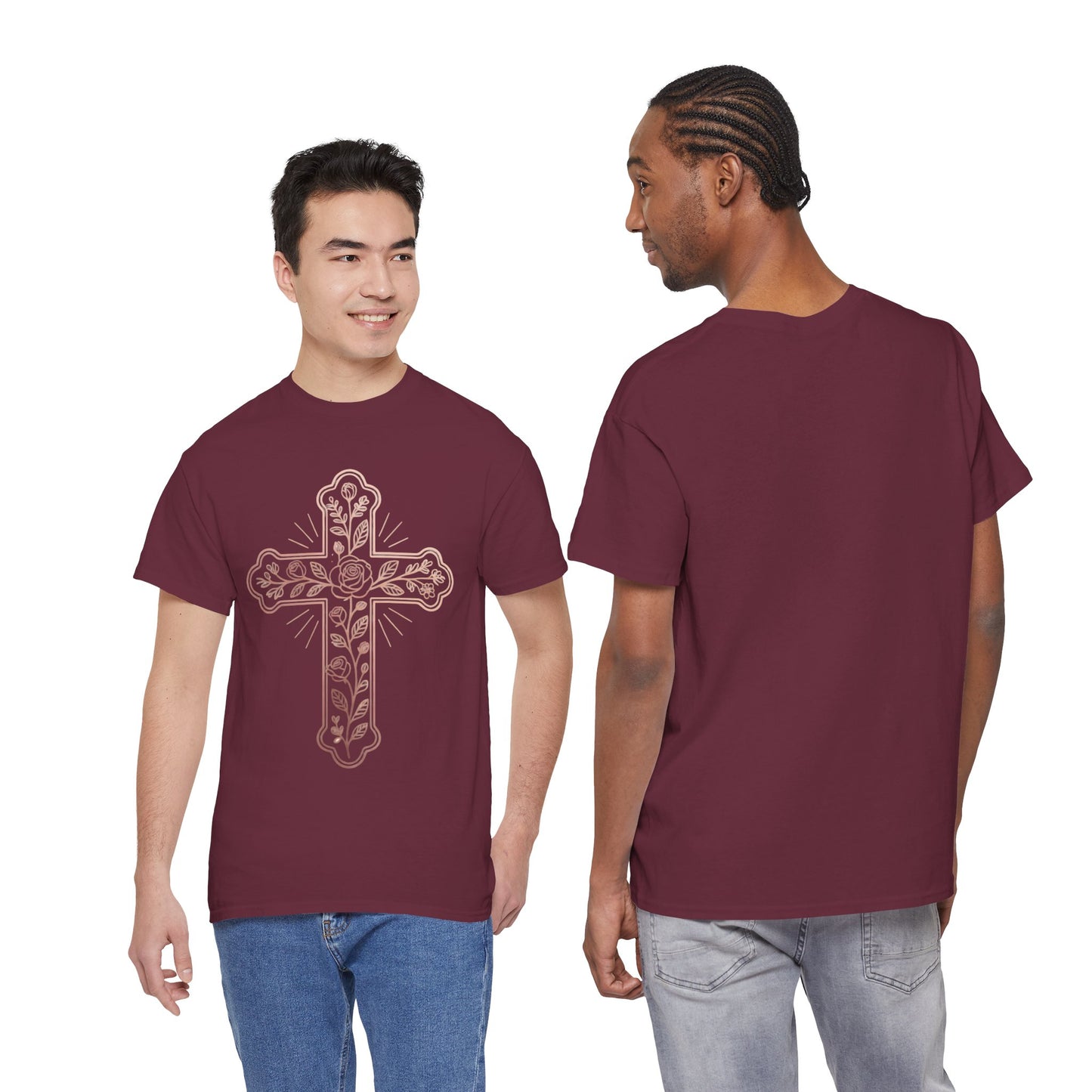 Floral Cross Tee – Delicate Pink Botanical Christian T-Shirt