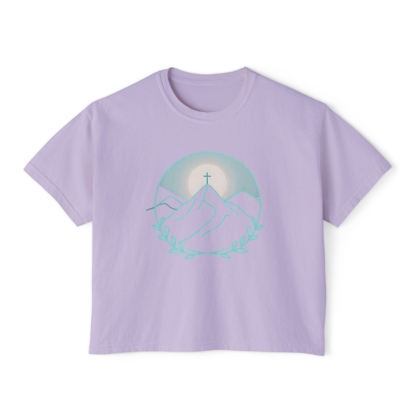 Women's Boxy Tee — Sunrise Mountain Line Art with Laurel (Calm, Faith-Inspired Vintage Tee)