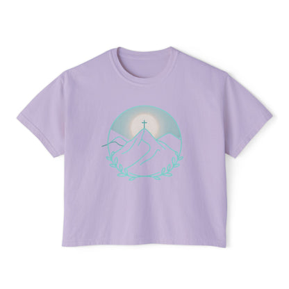 Women's Boxy Tee — Sunrise Mountain Line Art with Laurel (Calm, Faith-Inspired Vintage Tee)