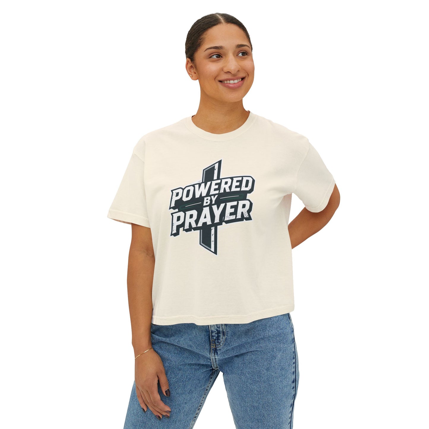 Powered by Prayer Boxy Tee — Women's Christian Graphic Shirt
