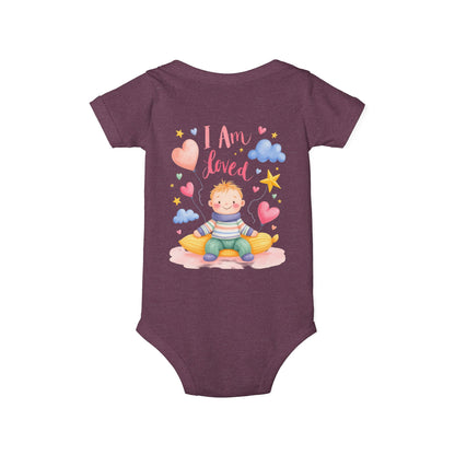 “I Am Loved” Baby Onesie – Cute Infant Bodysuit with Heart & Cloud Illustration