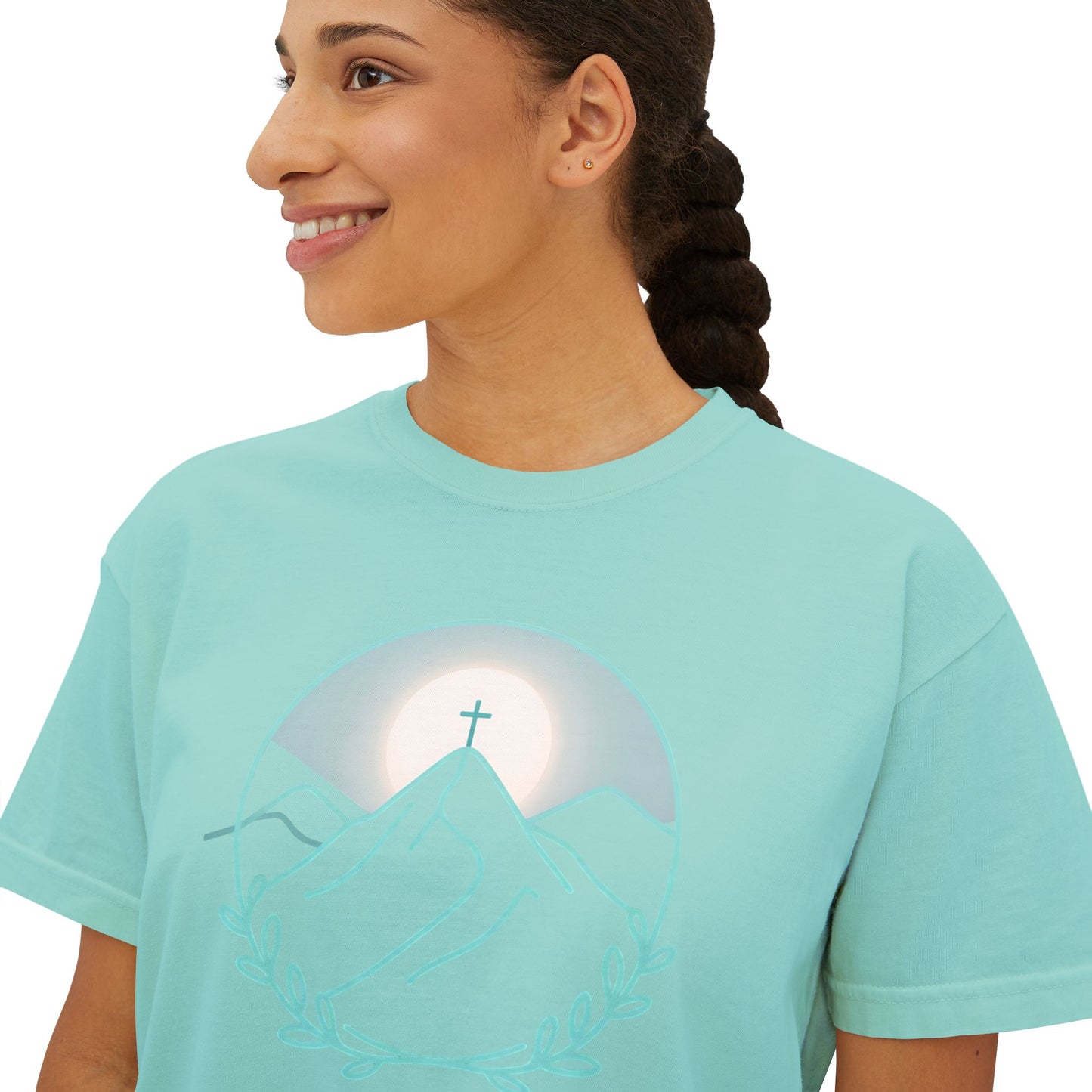 Women's Boxy Tee — Sunrise Mountain Line Art with Laurel (Calm, Faith-Inspired Vintage Tee)