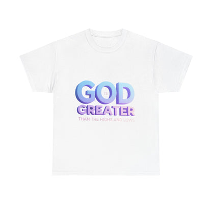 God Greater Gradient Tee — Soft Blue & Lilac Faith Shirt