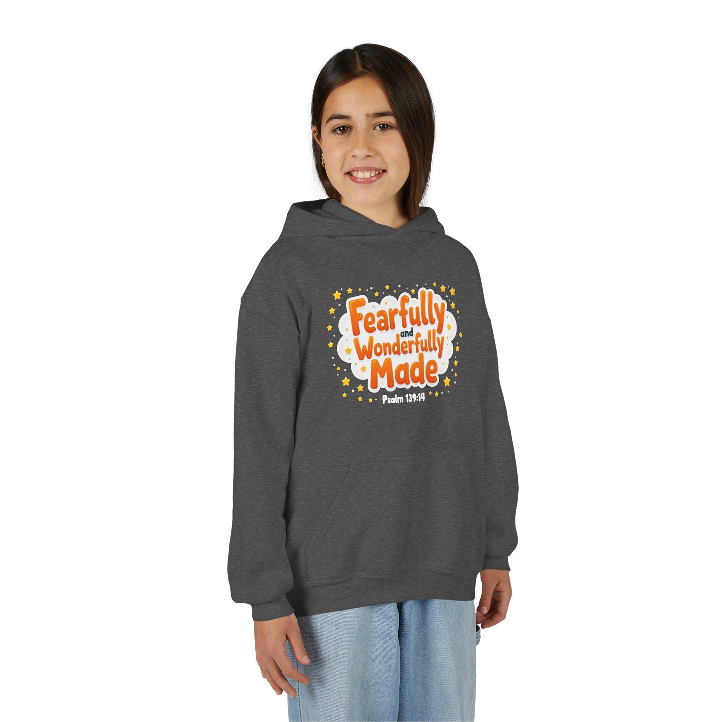 Youth Hoodie — "Fearfully & Wonderfully Made" Christian Kids Sweatshirt (Psalm 139:14)