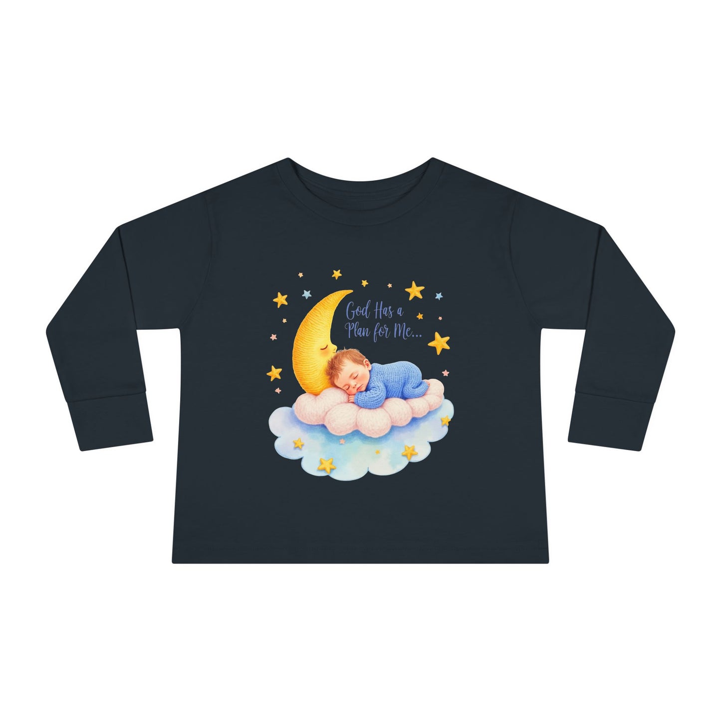 God Has a Plan for Me Toddler Long Sleeve Tee — Sleeping Baby on Moon Cloud