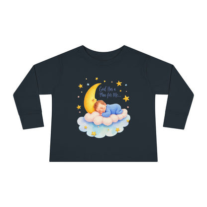 God Has a Plan for Me Toddler Long Sleeve Tee — Sleeping Baby on Moon Cloud