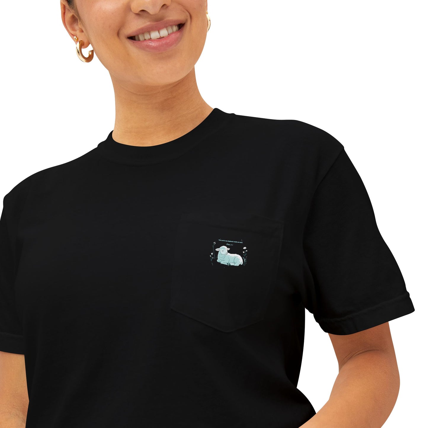 Lamb Rest Pocket T‑Shirt — Vintage Seafoam Pocket Tee with Script Verse