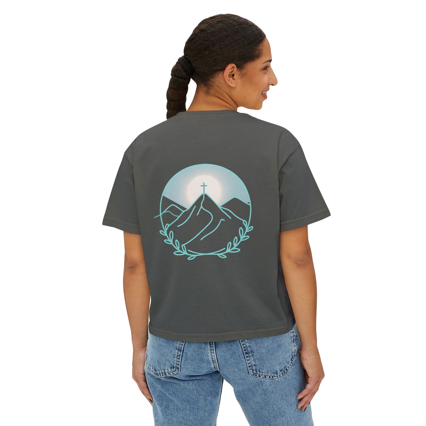 Women's Boxy Tee — Sunrise Mountain Line Art with Laurel (Calm, Faith-Inspired Vintage Tee)