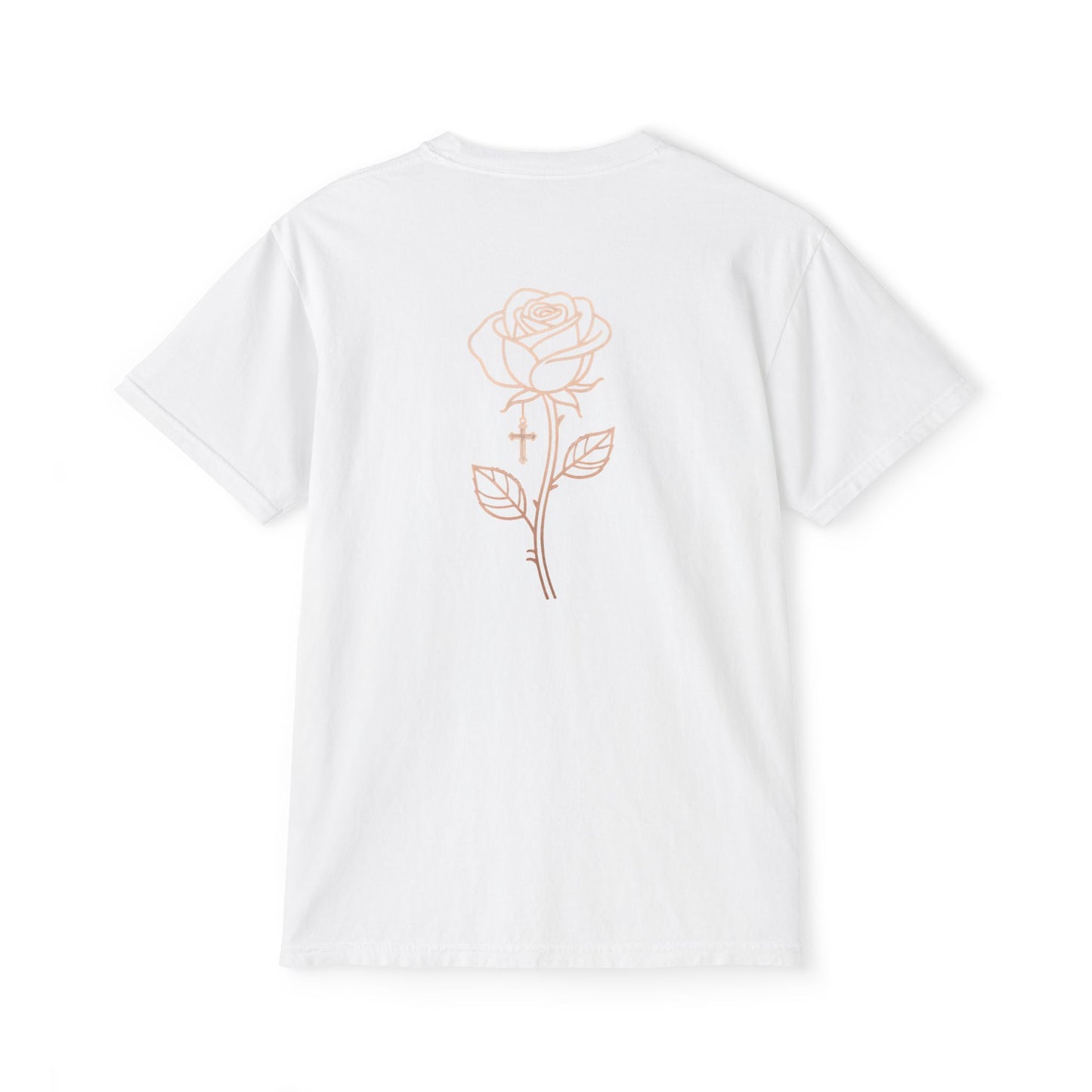 Garment-Dyed Pocket Tee — Rose Line-Art Back Design
