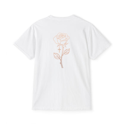Garment-Dyed Pocket Tee — Rose Line-Art Back Design