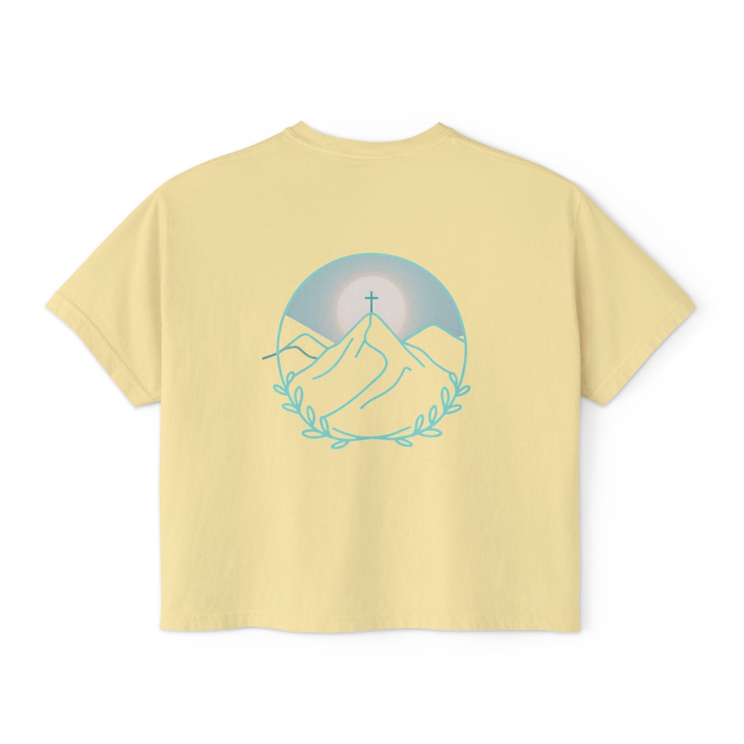 Women's Boxy Tee — Sunrise Mountain Line Art with Laurel (Calm, Faith-Inspired Vintage Tee)