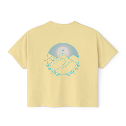Women's Boxy Tee — Sunrise Mountain Line Art with Laurel (Calm, Faith-Inspired Vintage Tee)