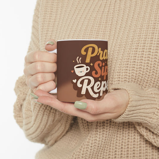 Pray Sip Repeat Mug | Ceramic Coffee Cup, Brown Stripes