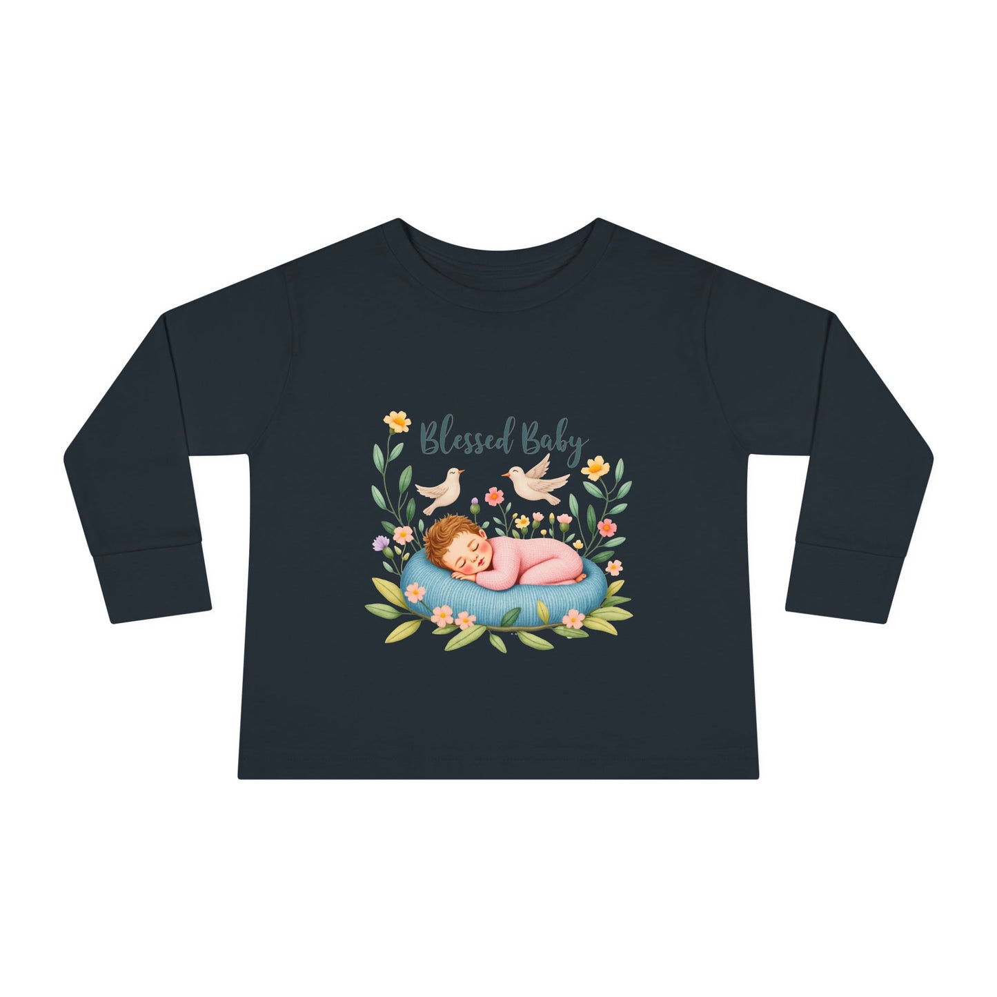 Blessed Baby Toddler Long Sleeve Tee — Cute Sleeping Newborn Floral Design
