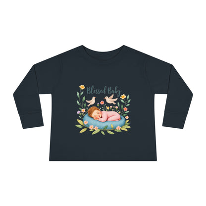 Blessed Baby Toddler Long Sleeve Tee — Cute Sleeping Newborn Floral Design